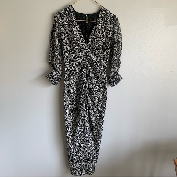 TOPSHOP Ruched Floral Print midi Dress black white size 4 - Picture 2 of 7